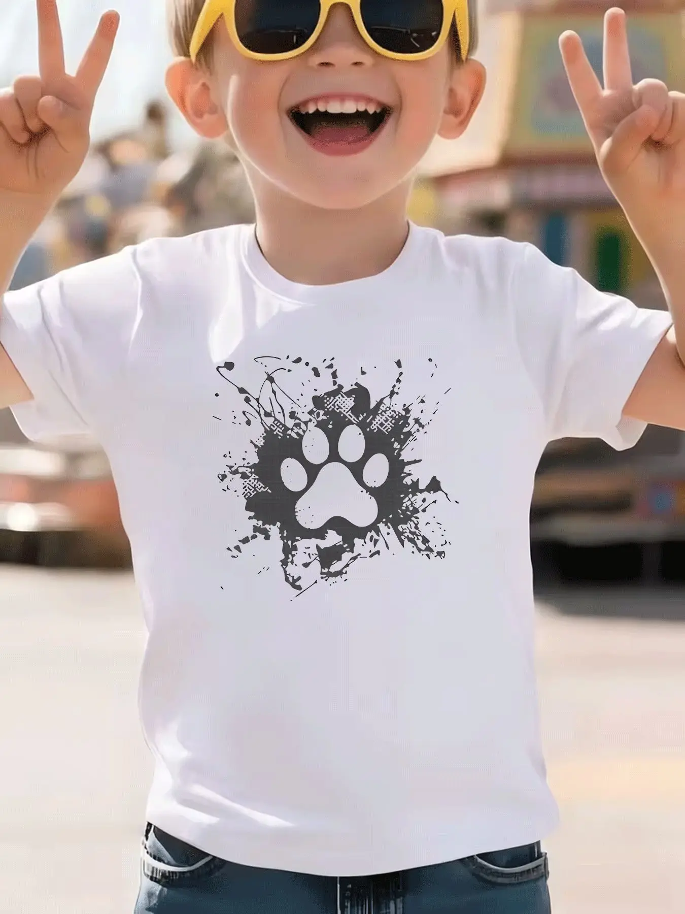 Summer Casual Trend Paw Print Pattern Children's T-shirt Street Style Skin Friendly Holiday Gift Daily Wear Parent-child Outfit