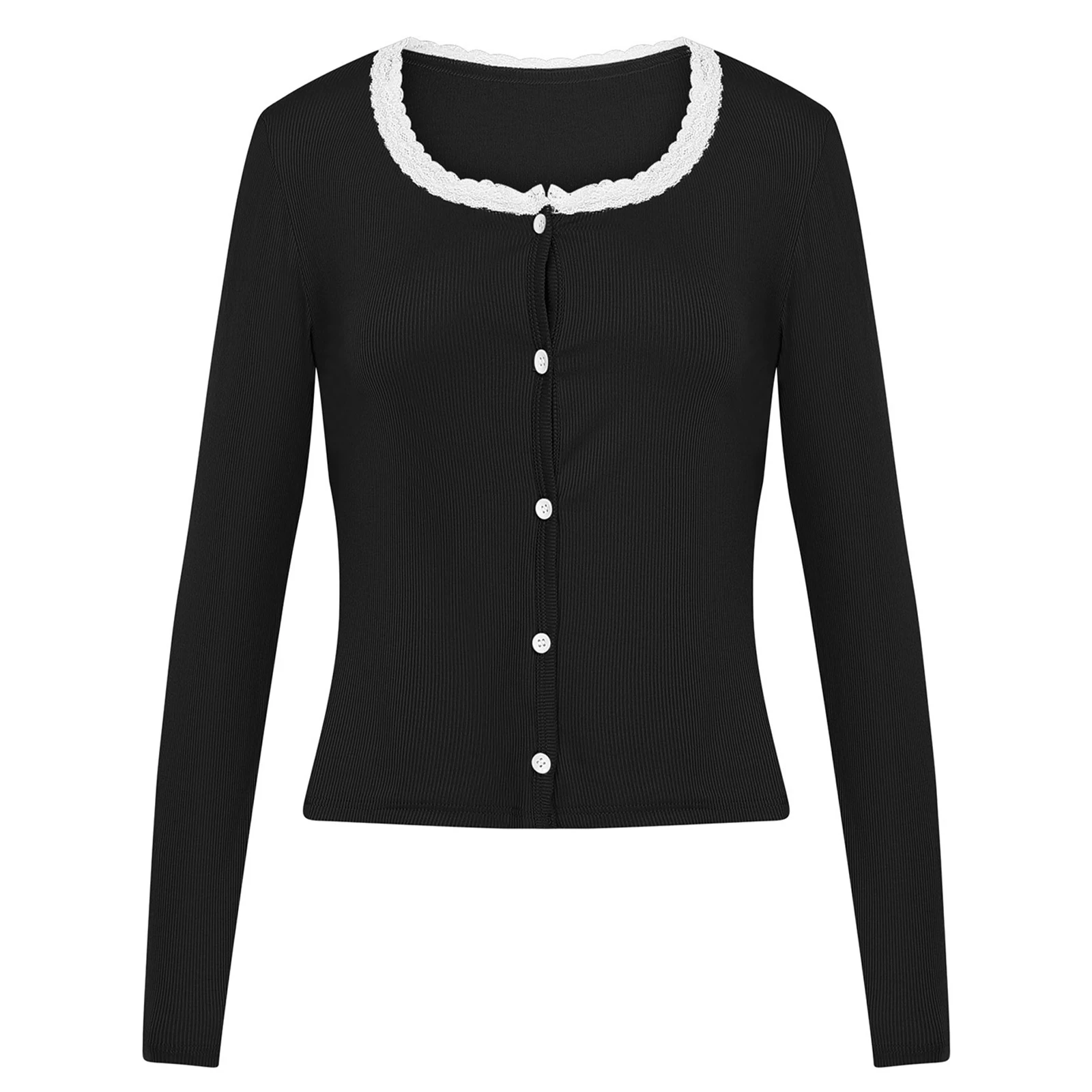 Cardigan lavorato a maglia casual da donna a maniche lunghe con bottoni sul davanti, scollo in pizzo, coprispalle corto, maglione, capispalla per l'uso quotidiano in ufficio