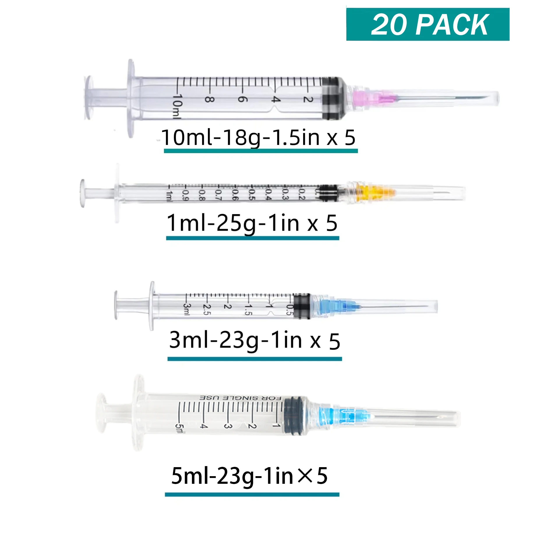 1ml+3ml+5ml+10ml Sterile Disposable Luer Lock Syringe Set With Needle for Lab, Liquid Dispensing and Pet Injection, 20pcs/set