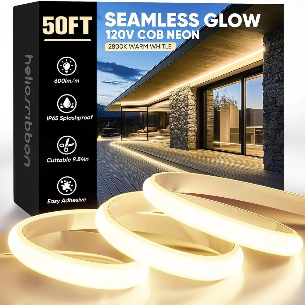 

Светодиодная неоновая лента COB 50 м, 2800K, теплый белый свет, 110-120В, уличная водонепроницаемая, 600 лм/м, суперяркая, с возможностью резки и крепления