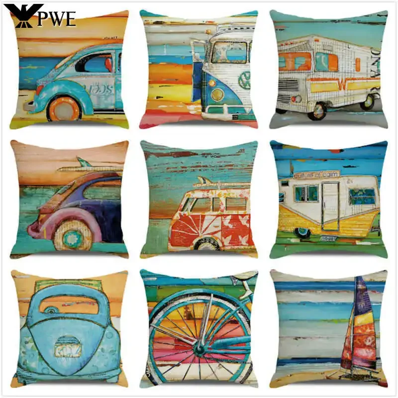 

Retro Beach Scenery Cushion Cover Car Beer Bottle Sailboat Pillow Case Linen Pillow Cover Oil Painting Poster Pillowcase 45x45cm