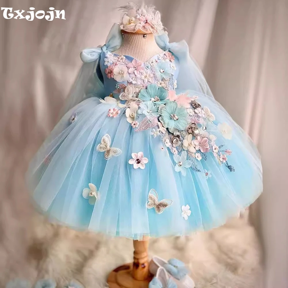 Cute Sweet 3D Flower Girls Dresses For Birthday Party Puffy Tulle Kids Princess Gown 2025 Customized Bow Wedding Banquet Gowns