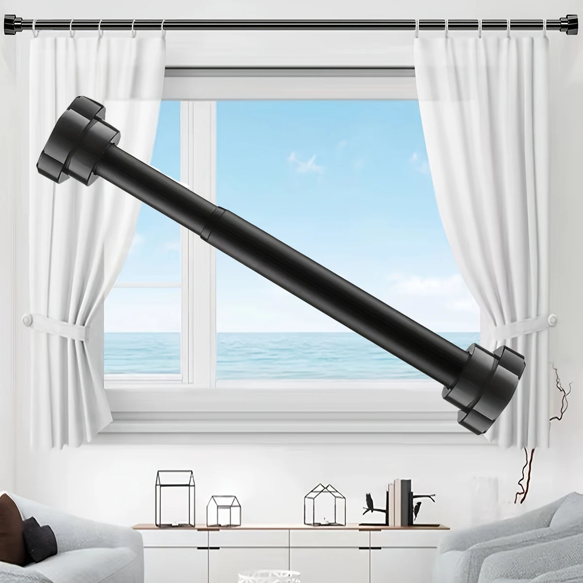 2pcs Spring Tension Curtain Rod,15.75-21.65 Inches Adjustable Expandable Pressure Black Curtain Tension Rods for Home