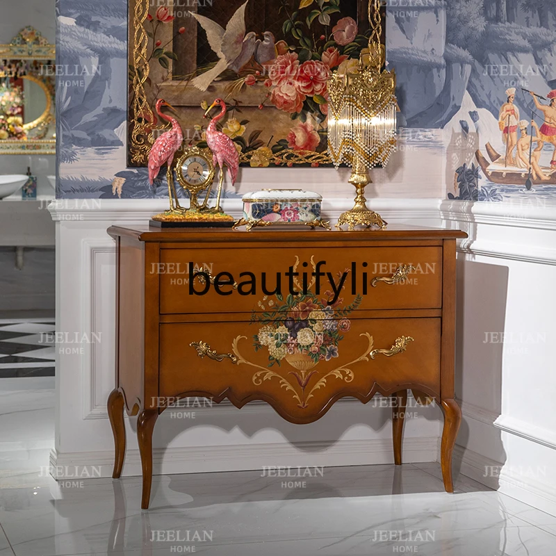 

Light Luxury Storage Double Bin Cabinet American Style Villa Living Room Corridor Gold Brown Hand-painted Entrance Cabinet