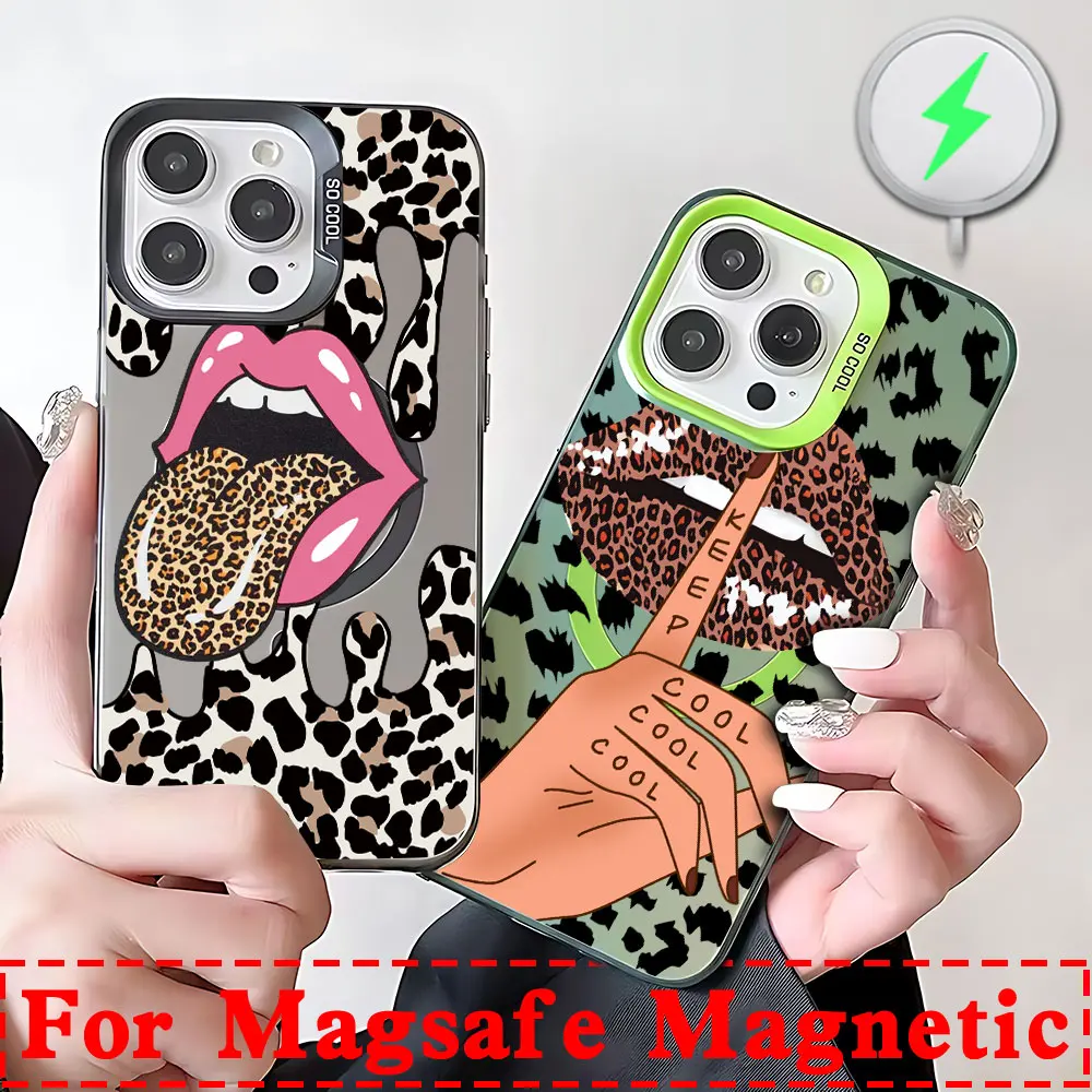 Hot Red Lip Leopard Print Magsafe Magnetic Case for iPhone 11 12 13 14 15 16 Pro Max Plus Soft Silver Plated Anti Fall Cover