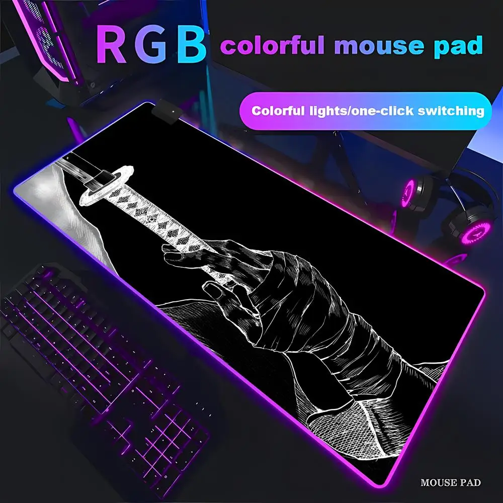 HYBXAXC Samurai Sword Katana Mouse Pad Black White Anime Desk RGB Gaming Gamer Large LED Light High Control Non-Slip for Gamer