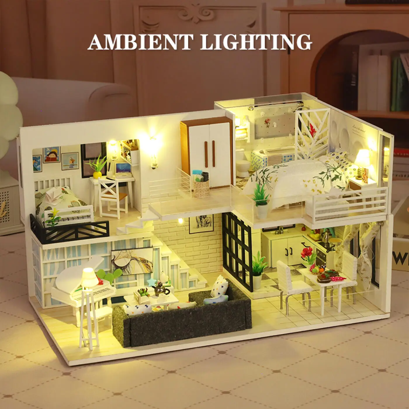 DIY Wooden Doll House Mini Loft Duplex Apartment Kit, Handmade Assembly Model Creative Craft Decoration Gift for Teens Adults