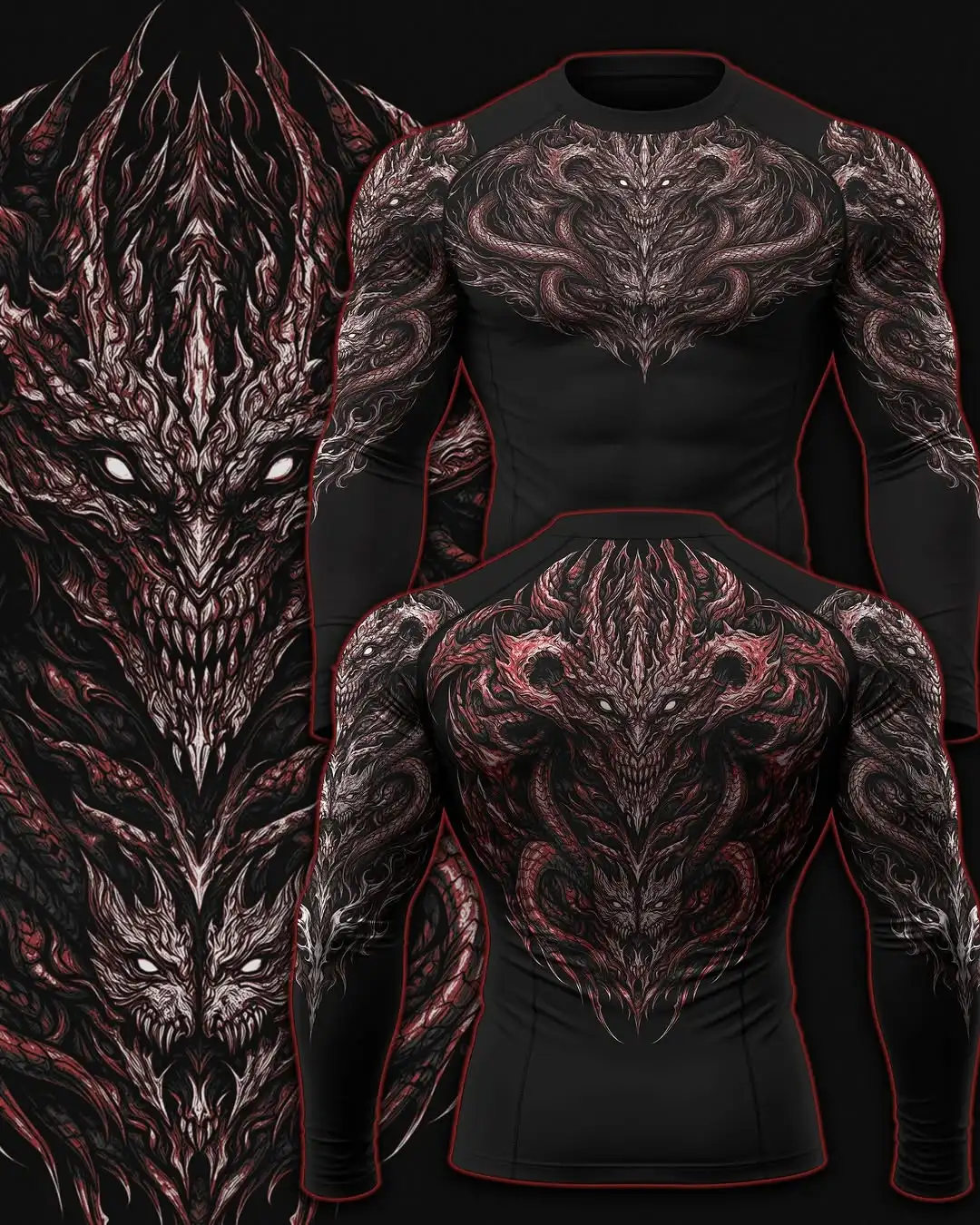 02-Men's Gothic Print Compression Tight Fit LONG Sleeve Sports Shirt Workout Tops Gym Compression Breathable High Stretch