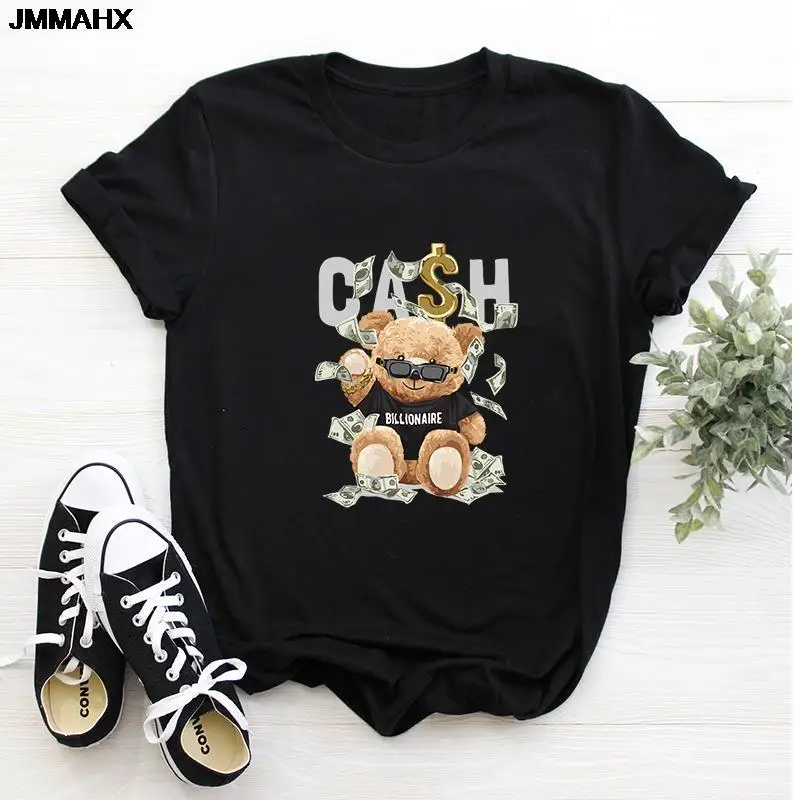 

2023 New Fashion Bear Printed Women's Tshirt Harajuku Short-sleeved Black Men's T-shirt Casual Clothing Unisex White Top T Shirt