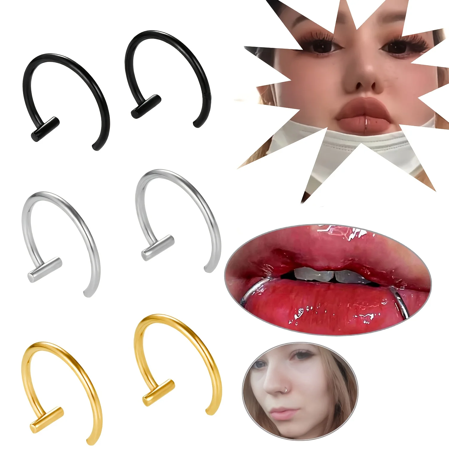 2pcs Stainless Steel Lip Rings C-Shaped Personalized Punk Style Non-Piercing Hip-Hop Fake Lip Nail Piercing Jewelry Unisex
