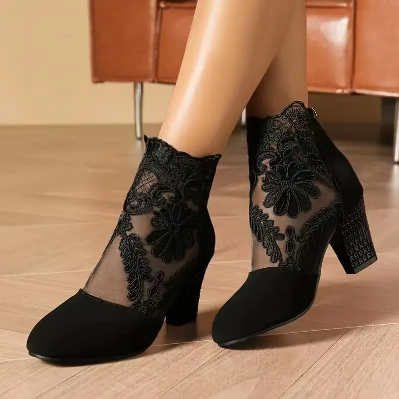 Women Spring Summer Boots Lace Outdoor Fashion Boots Female High Heels Round Toe Ankle Boots Women Trend Plus Size Shoes Ladies