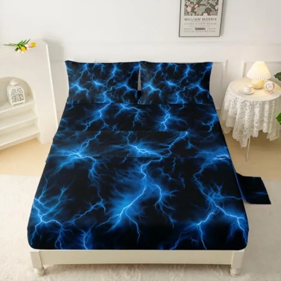 

Glowing Pattern Sheet Set, Soft Microfiber Neon Light Sheets for Teens, Blue Bed Set with Deep Pocket, 1 Fitted Sheet, 1 Flat S