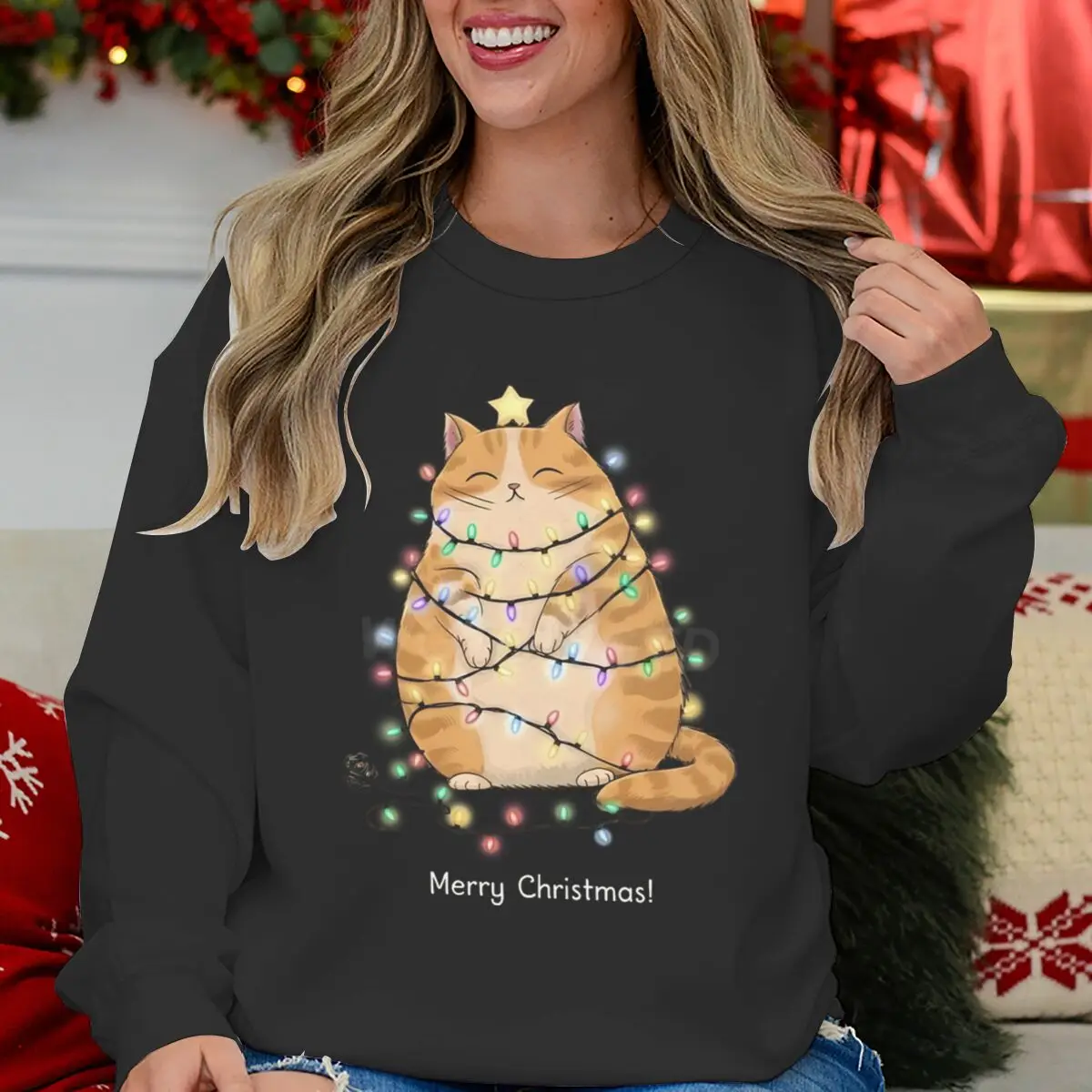 بلوزات نسائية عيد ميلاد سعيد أضواء القط طباعة موضة بلايز عادية القط عاشق هدية عطلة الحيوان Kawaii الكرتون البلوز #2