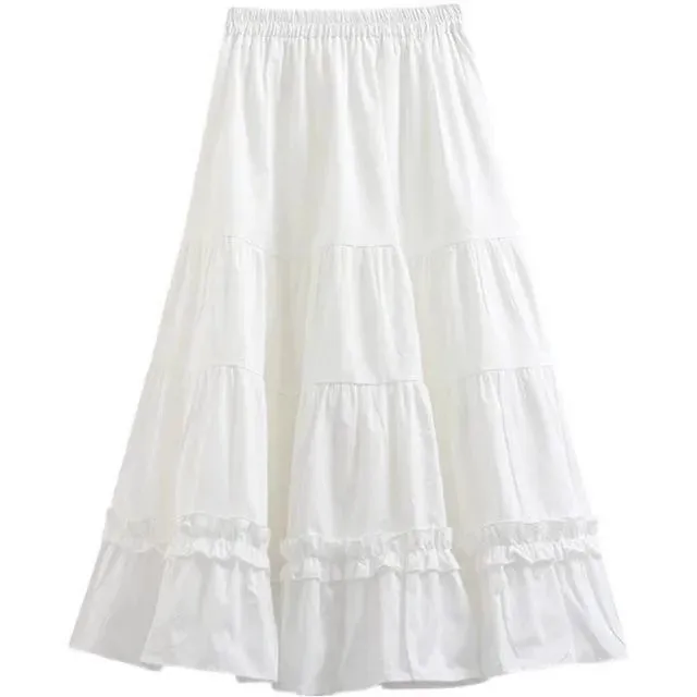 White Puffy Half-length Skirt Women's Spring Summer Pleated High-waist Gored Umbrella Cake Skirt Cute Mid-length Polyester Co...