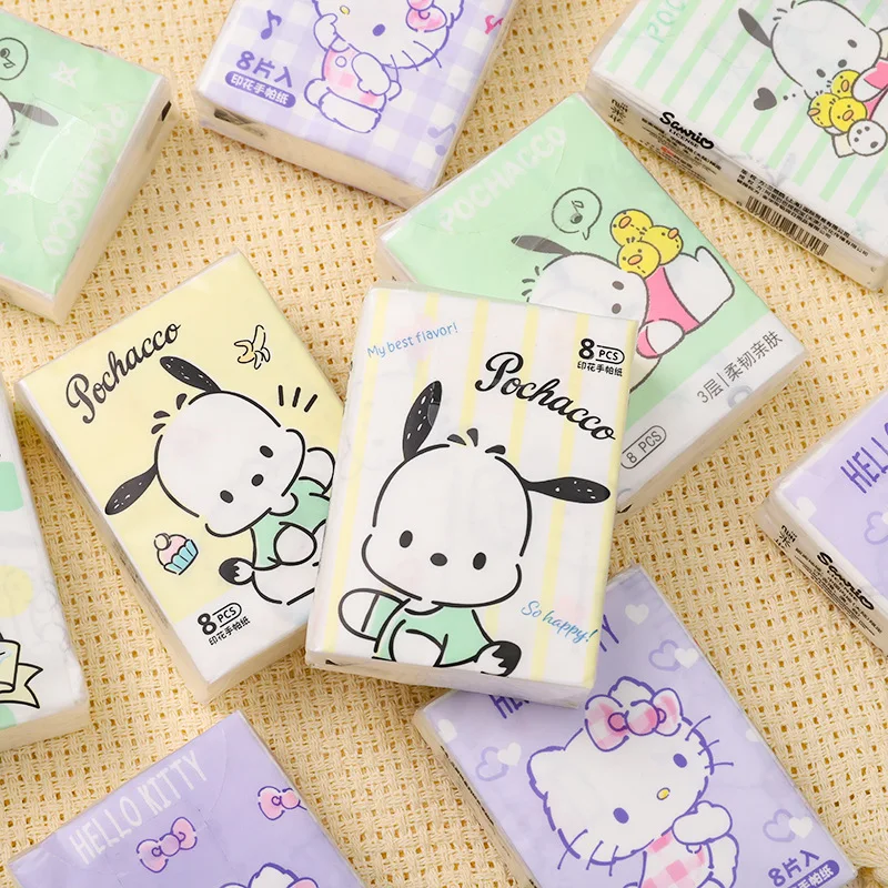 9pcs Hello Kitty  Sanrio Tissue  Pochacco Kawaii Cartoon Printed Handkerchief Cute Girl Portable Toilet Paper Girly Gift