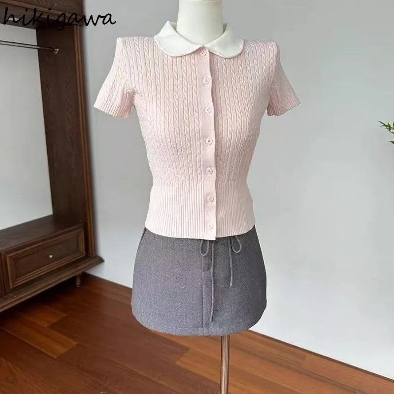 

2025 Ropa Mujer Women T Shirts Peter Pan Collar Short Sleeve Slim Fit Tees Sweet Pink Camisetas Fashion Summer Knitted T-shirt