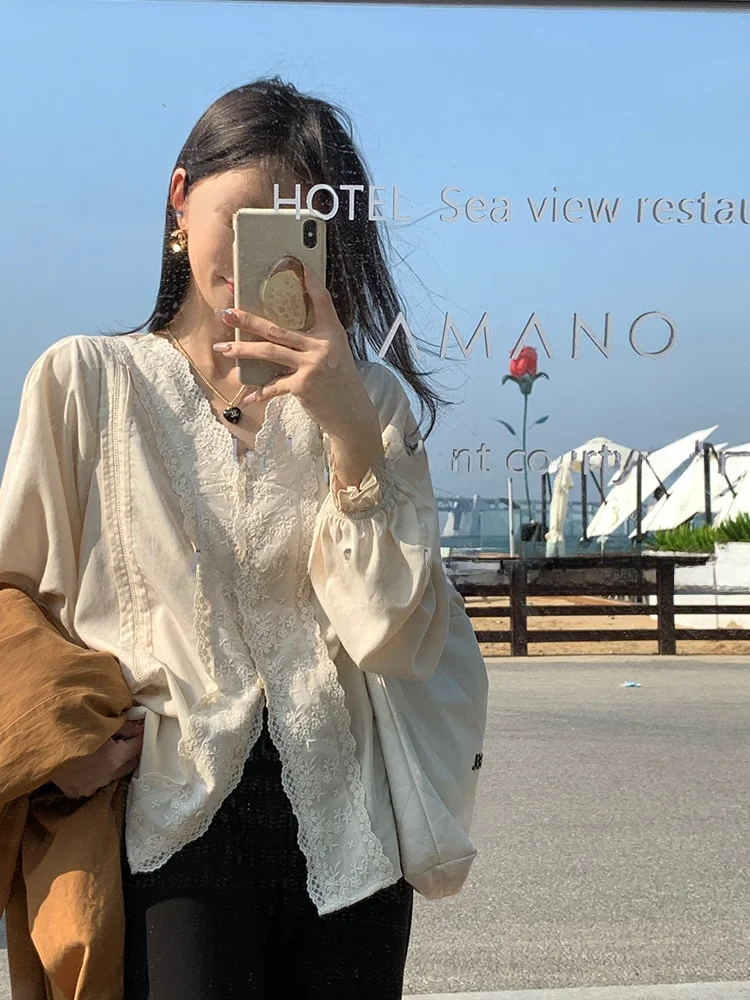 

EKOOL повседневный шелковый топ весна-осень V-Ne тонкий женский свободный крой на пуговицах кружевной лоскутный топ дышащий удобный