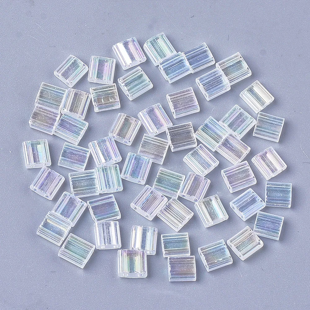 About 150 Pcs Iridescent Beads 5x5mm 2-Hole Glass Seed Beads Crystal Green Rainbow Mini Beads Rectangle Japanese Glass Beads
