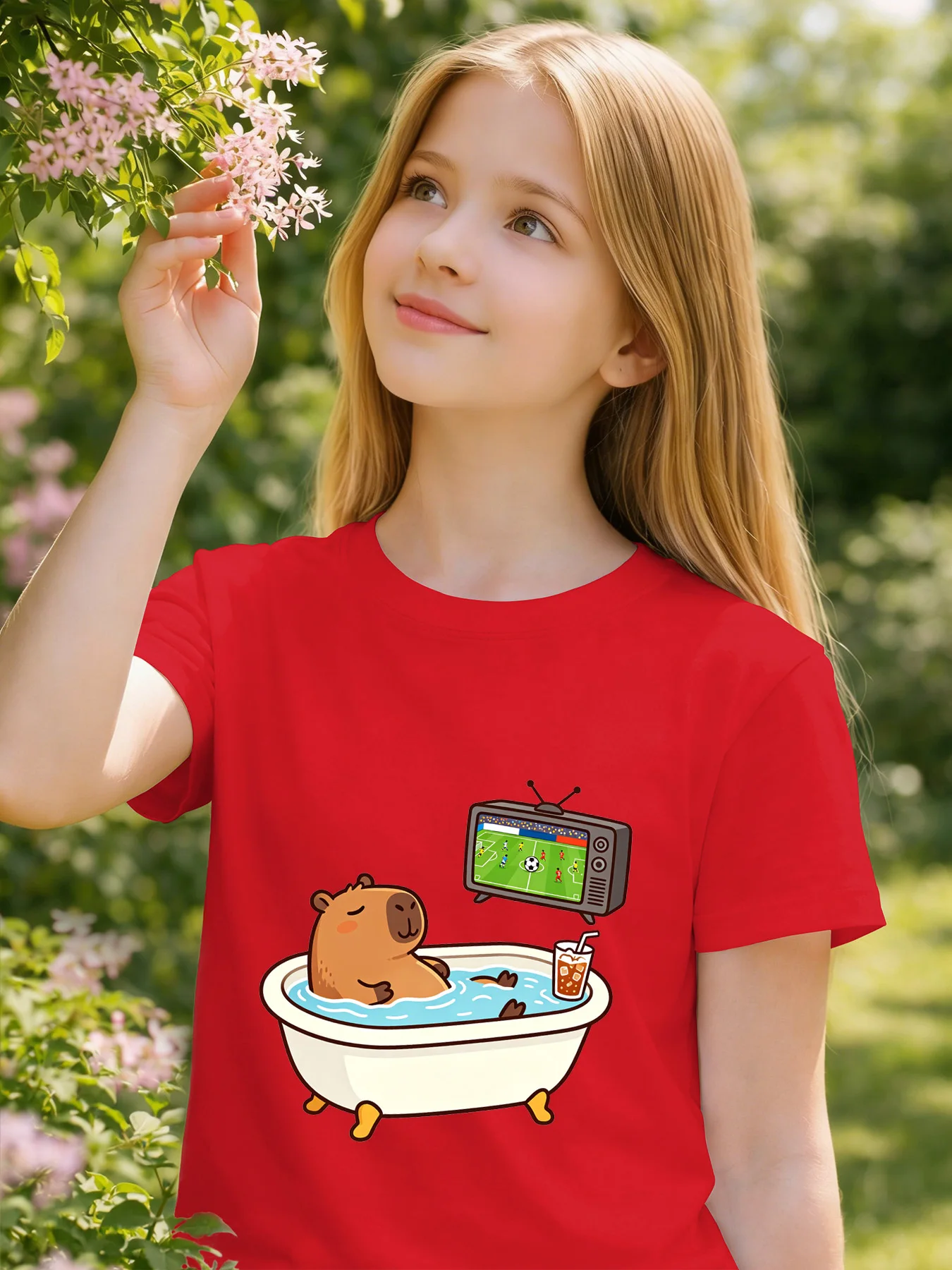 Bathing Football Capybara Kids Tee Cartoon Print Boys Girls Family Matching Cotton Summer Short Sleeve Basic Children Tshirt