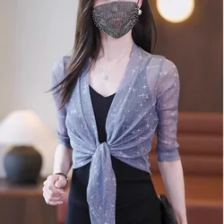 #3513 Outerwear Womens Thin See Through Wrap Kimnon Jacket Women Half Sleeve Sexy Short Sunscreen Coat Ladies Cardigan Summer