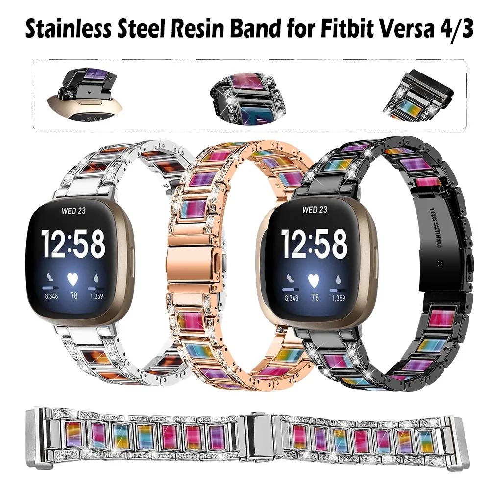 

Ремешок из нержавеющей стали из смолы для Fitbit Versa 4/3, ремешок для часов, модный женский браслет, браслет с бриллиантами для Fitbit Versa 4/3, ремешок