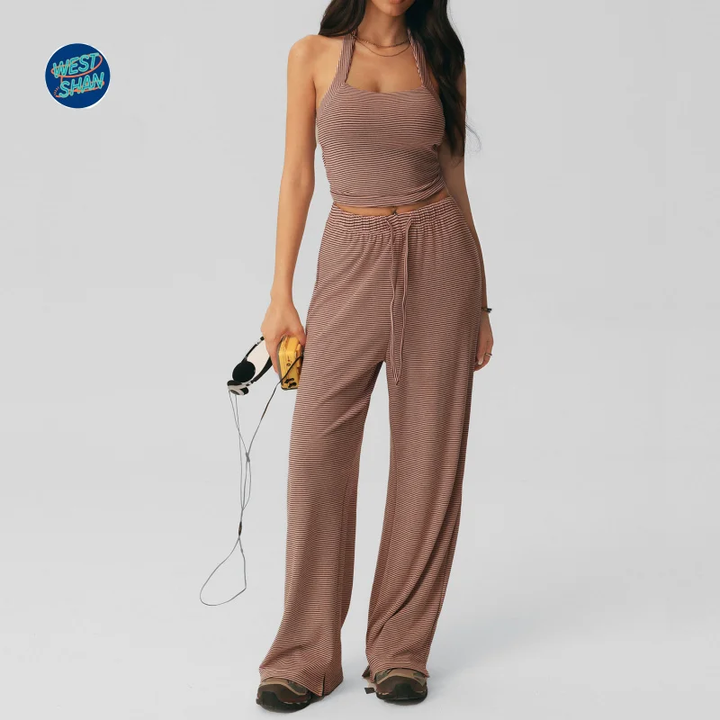 WESTSHAN EU US Size Luxury Quality Casual Stripe Wide-Leg Pants Set Halter-Neck Top With Built-In Bra Pilates Yoga Set