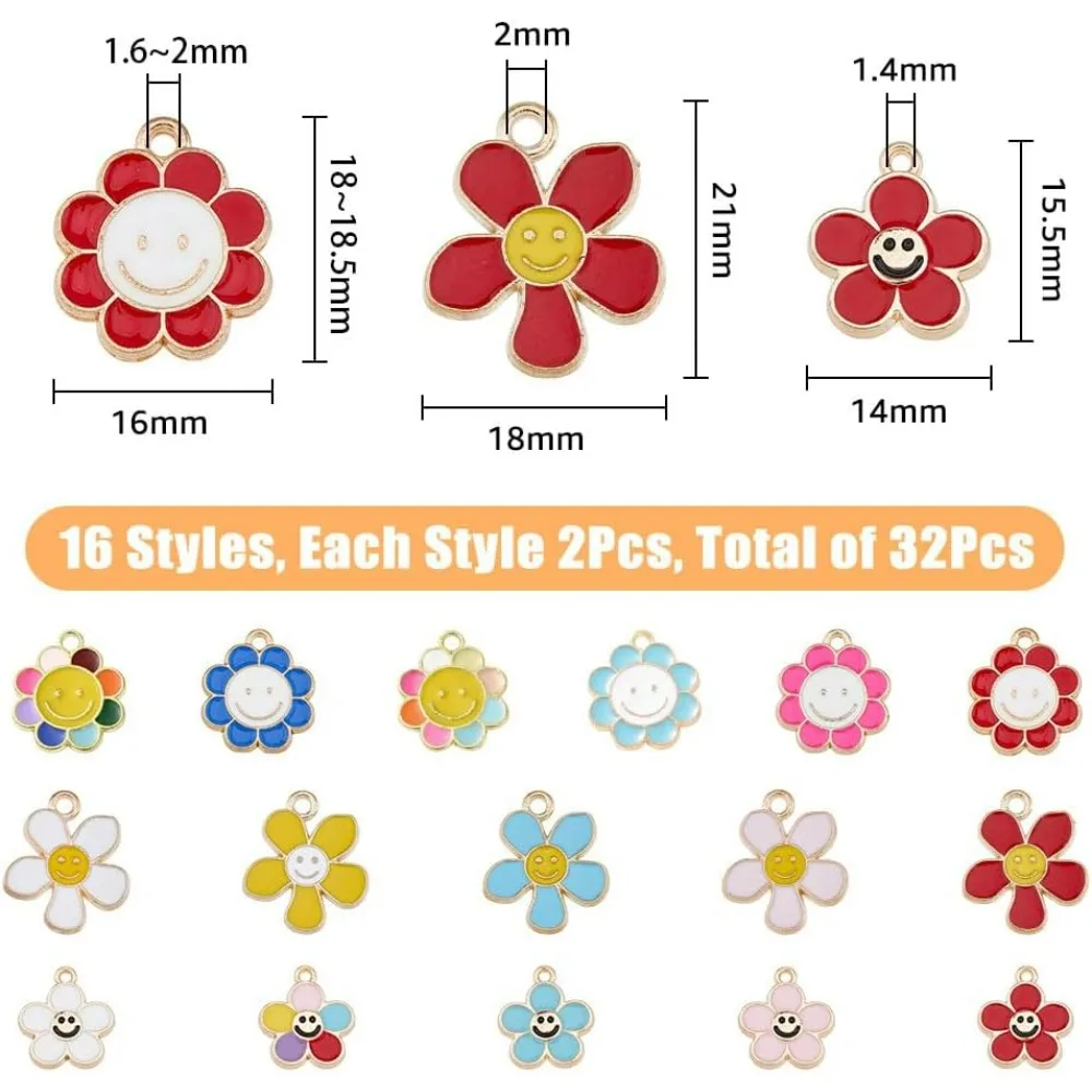 32Pcs 16 Styles Smile Face Pendants Flower with Smiling Face Charms Alloy Sunflower with Smile Face Dangle Charms Golden Happy