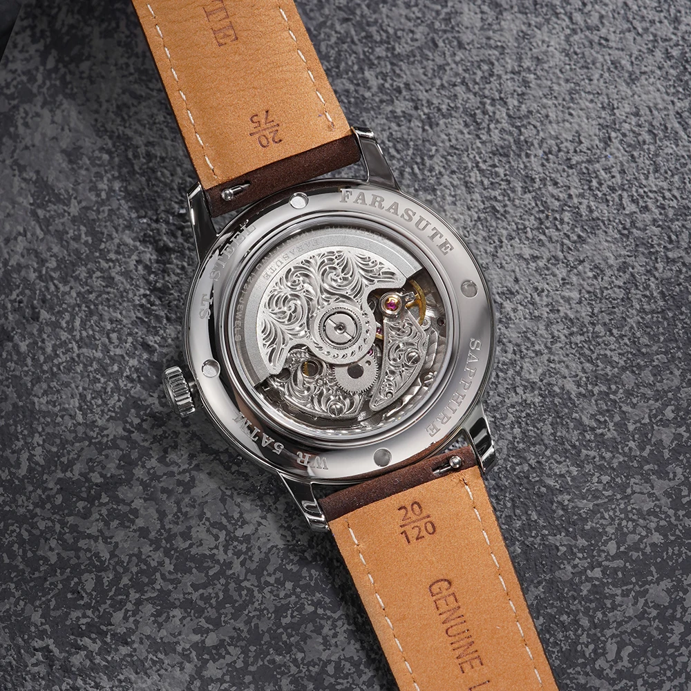 FARASUTE New Vintage Automatic Machine Engraved Movement Mechanical Watch For Men Luxury Sapphire Crystal Wristwatch Male Reloj