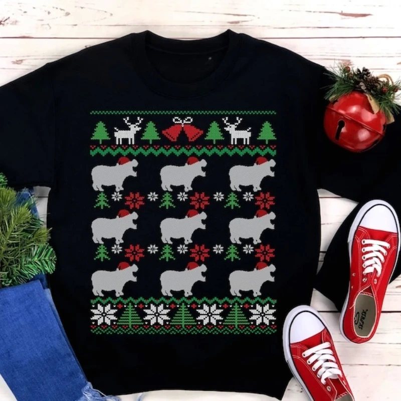 

Толстовка мужской бегемот уродливый рождественский хиппос в шляпе Санта-Клауса африканская любовь осенне-зимний термопуловер с длинными рукавами