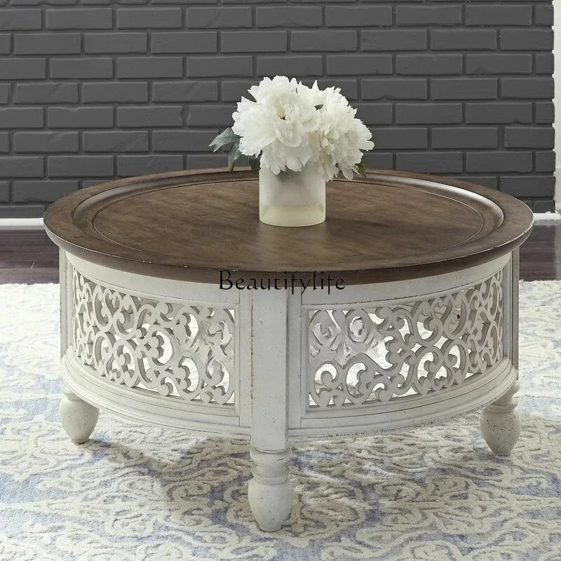 

LXAmerican country retro old solid wood carving flower round simple European French living room round coffee table