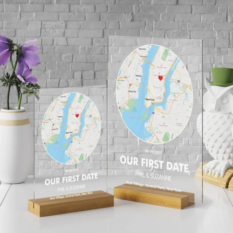 

Personalized Acrylic Photo Frame Custom board First Date Map Address Plaque Lovers Wood Stand Valentine Day Memory Unique Gift