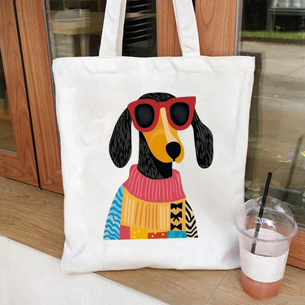 Stylish Dachshund Canvas Tote Bag Scarf Dog Graphic Handbag For Pet Fan Outdoor Travel Shoulder Bag