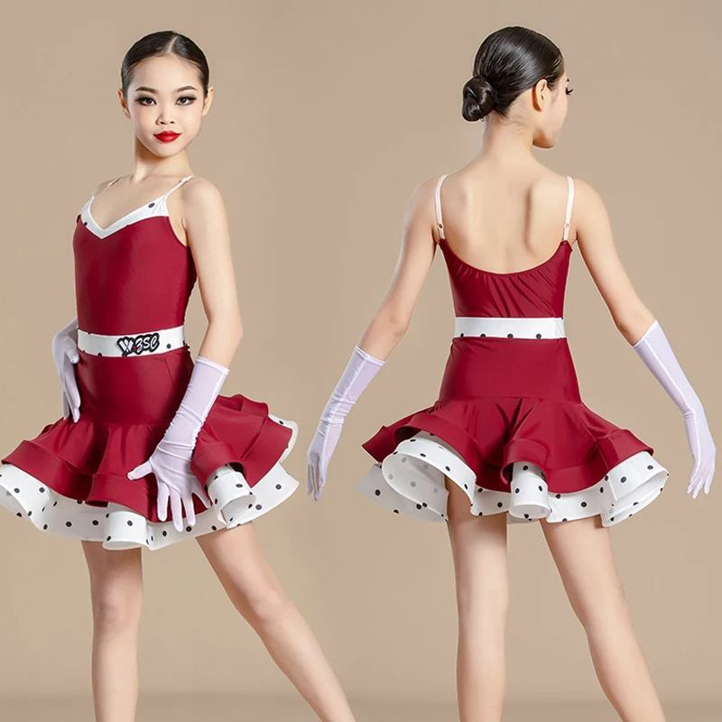Red Latin Dance Competition Dresses Girls Waltz Ballroom Dance Performance Costumes Kids Performance Dancing Suits XS7655
