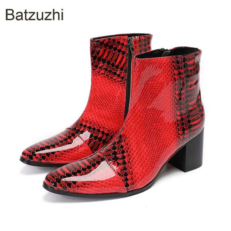 Batzuzhi Italian Type 7CM Heels Men's Boots Shoes Handmade Red Gentleman Genuine Leather Ankle Boots Party/Wedding Boots!