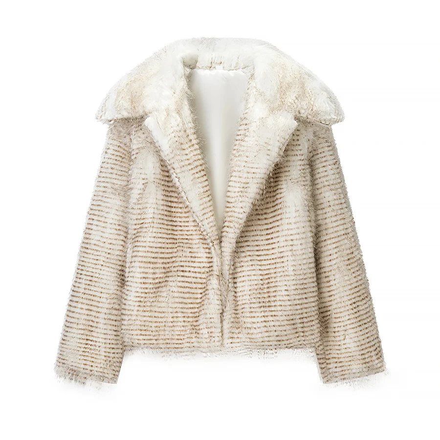 

Woman Spring Fashion Long Sleeves Artificial Fur Lapel Striped Decoration Short Coat Female Casual Street Style Coat