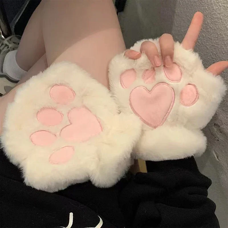 Autumn Winter Cute Cat Paw Gloves for Women, Warm and Cold-proof, Thickened Fleece Plush Half-finger Gloves