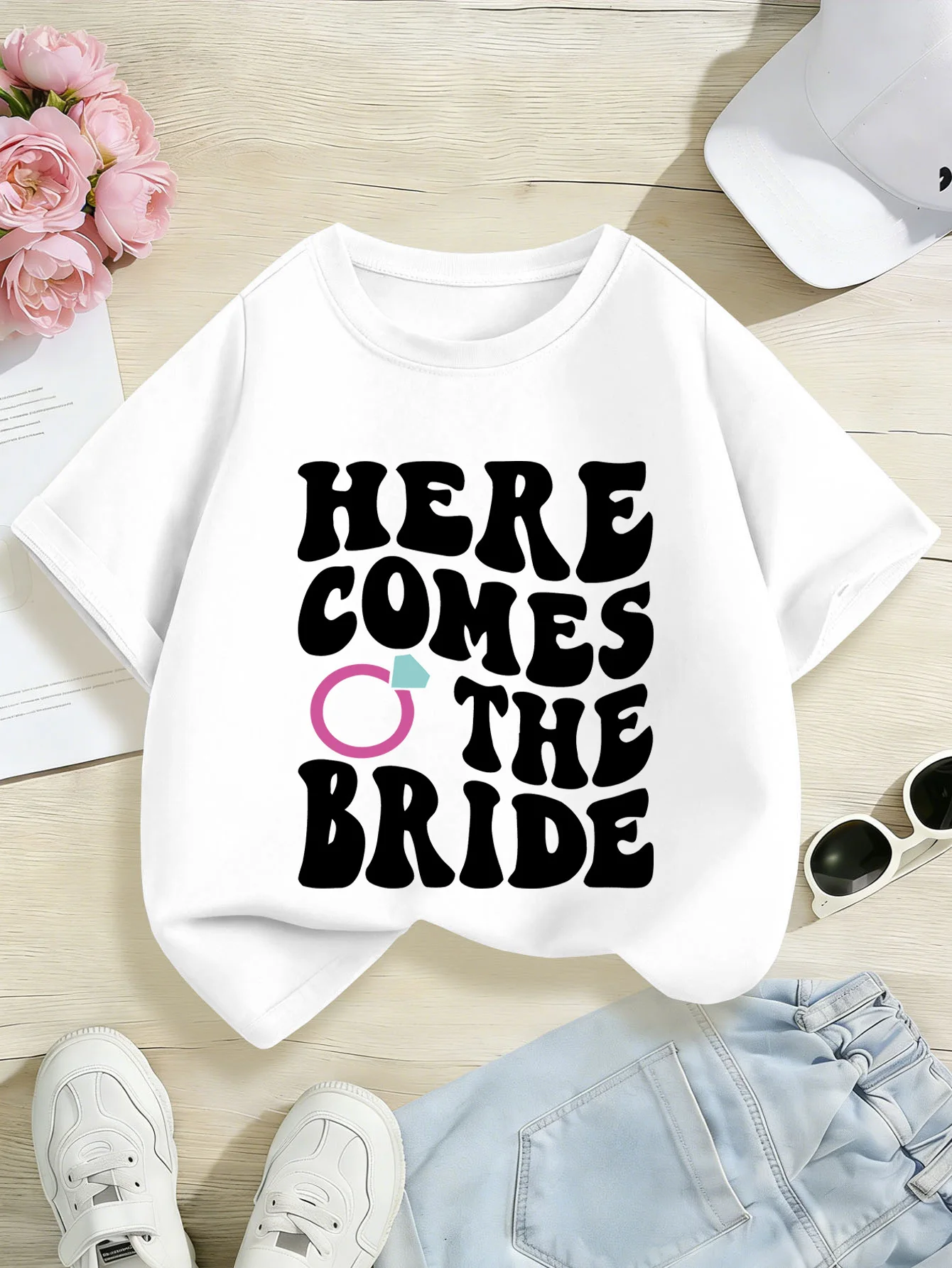 Cute Here Comes The Bride Ring Letter Print Kids Tee Boys Girls Family Matching Cotton Crew Neck Short Sleeve Soft Summer Tee