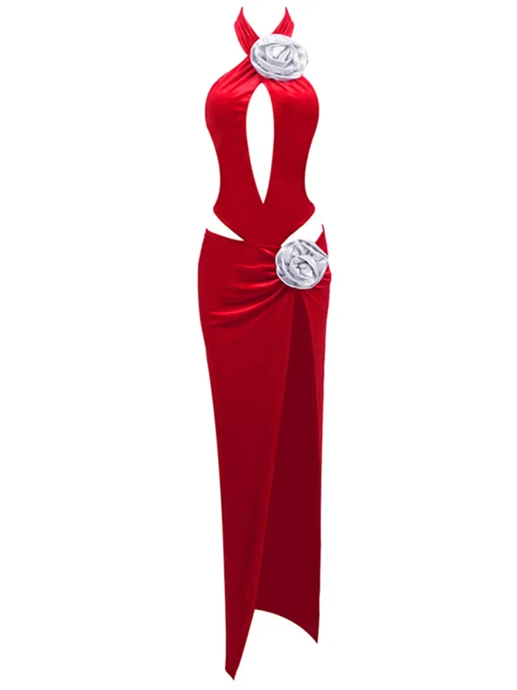 Luxury Red Prom Gowns for Women Big Designer Sexy Halter Backless Cut Out Appliques Maxi Long Soft Celebrity Evening Dresses