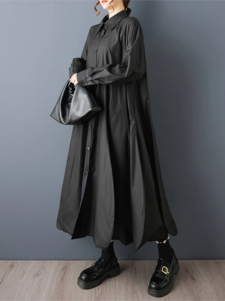 Übergroße schwarze Vintage-Hemdkleider für Frauen, neues Revers, lange Ärmel, lockeres lässiges Midi-Kleid, elegante Kleidung, Frühling und Herbst 2025,