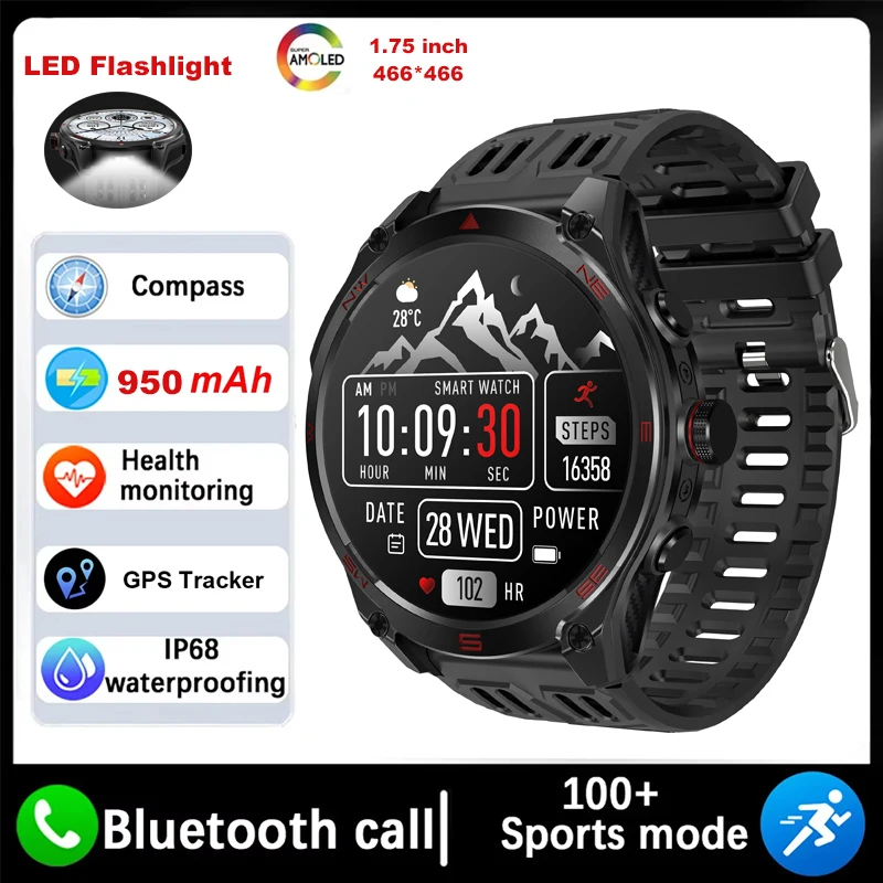 

Смарт-часы M70 с большой батареей, 950 мАч, мужские 1,75-дюймовый AMOLED-экран, GPS-компас, Bluetooth-вызов, IP68, водонепроницаемые умные часы