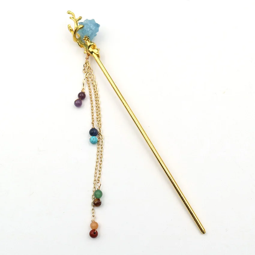 XSM Crystal Hairpin stile cinese Color oro Hair Stick per le donne Hanfu ametista naturale acquamarina 7 chakra nappa Accessorise