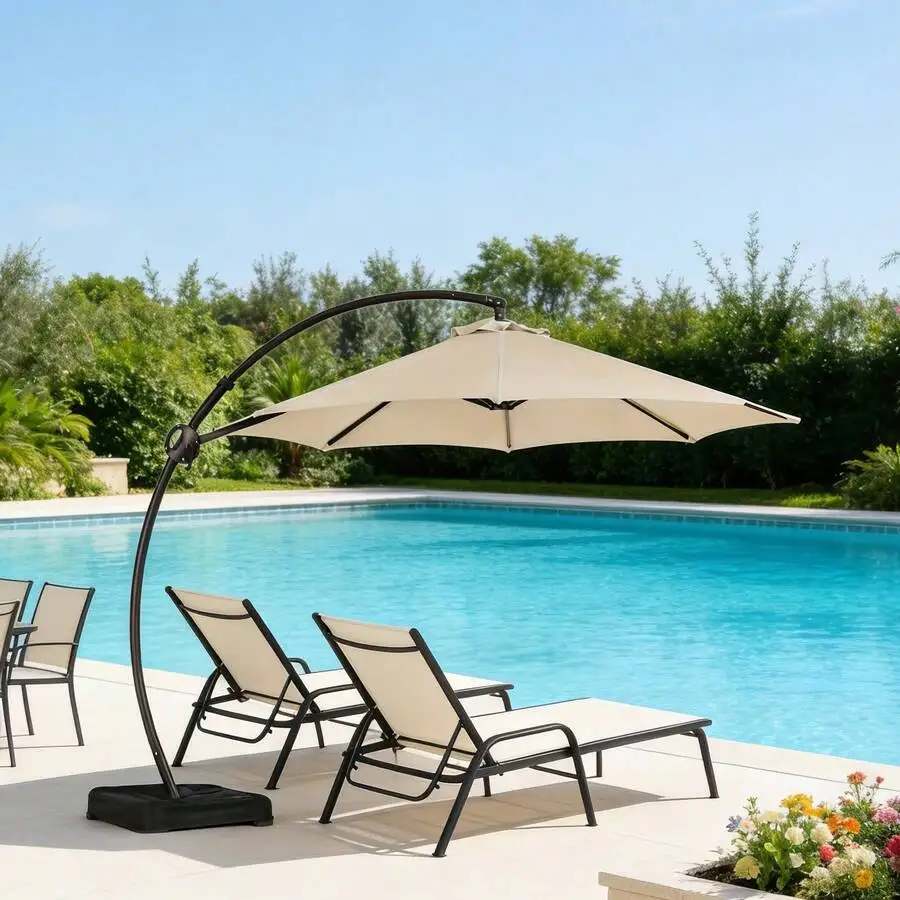 

12FT Cantilever Patio Umbrella With Base, 240G Polyester PA Coated Outdoor Shade