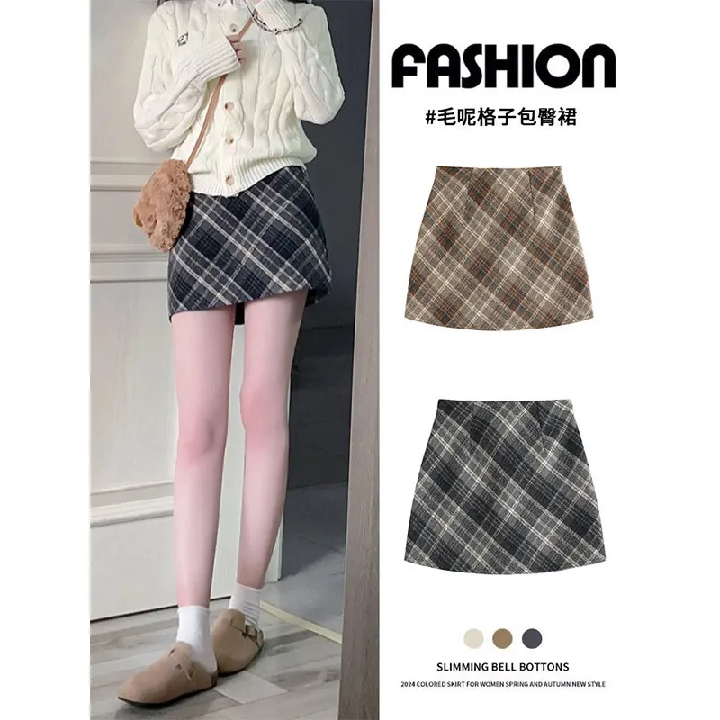 Saias xadrez de lã cinza para mulheres outono inverno cintura alta uma linha bodycon saia vintage emagrecimento saia curta