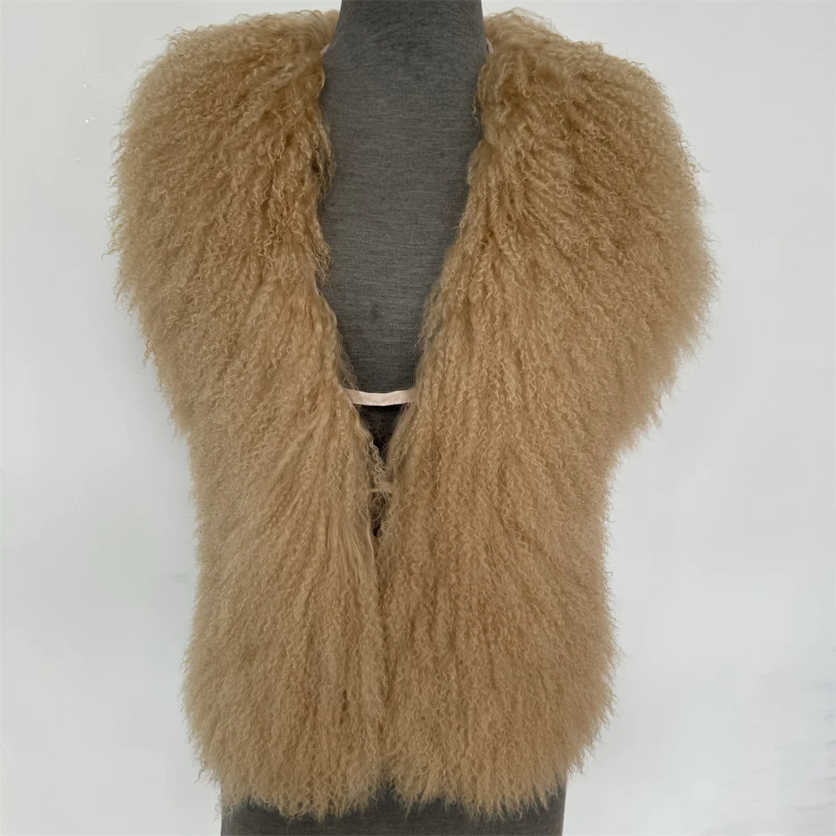 Fluffy Luxury Real Mongolian Fur Halter Vests Sexy Big Back Hair Collar Halter Top Deep V-Neck Backless