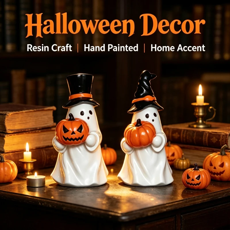 Halloween Ghost Holding Pumpkin Light Resin Statue Witch Hat Design Cute Autumn Tabletop Ornament Home Indoor Party Desktop