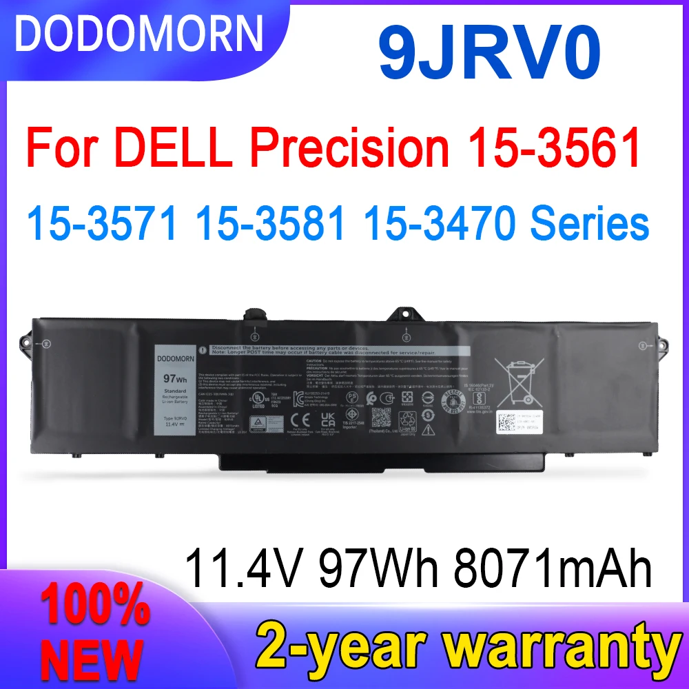 

DODOMORN New 9JRV0 Laptop Battery For DELL Precision 15-3561 15-3571 15-3581 15-3470 Series 53XP7 053XP7 11.4V 97Wh 8071mAh