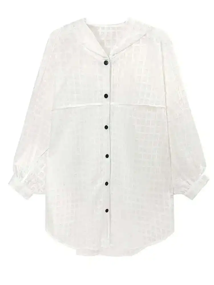 여성 흰색 격자 무늬 관점 빅 사이즈 블라우스 새로운 옷깃 긴 소매 느슨한 맞는 셔츠 패션 봄 가을