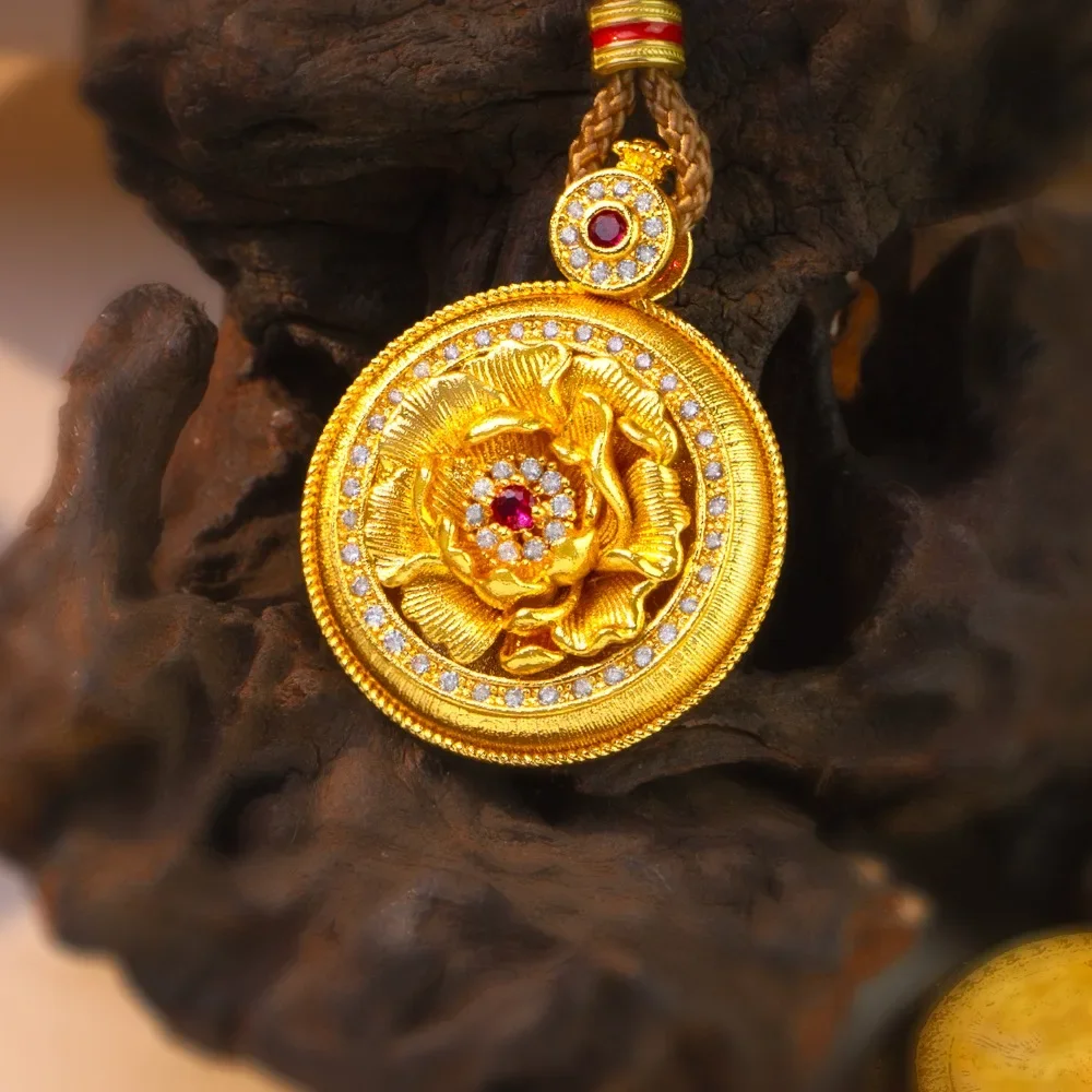 Inlaid three-dimensional rich peony pendant delicate high-grade feeling flowers 9999gold