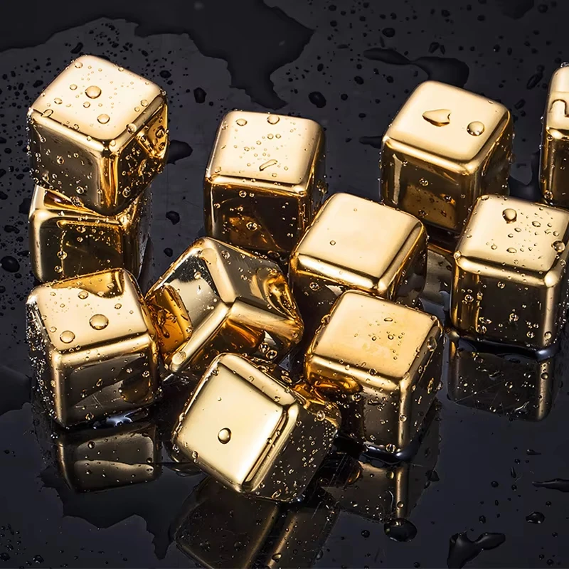 صخور تبريد معدنية ذهبية وفضية مكعبات ثلج قابلة لإعادة الاستخدام مكعبات ثلج من الفولاذ المقاوم للصدأ 304 مع صندوق تخزين للفودكا #4