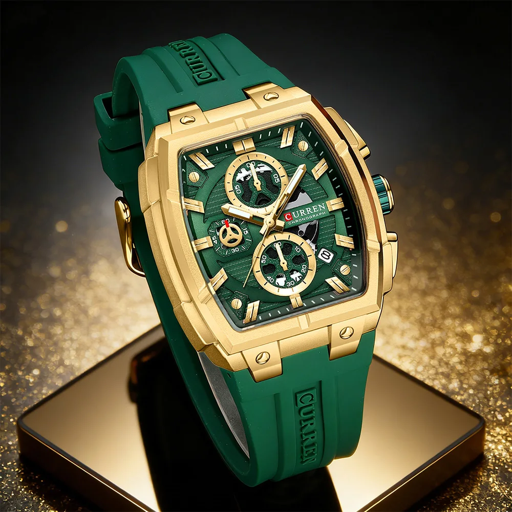 

Роскошные винтажные часы CURREN для мужчин, спортивные кварцевые наручные часы с хронографом, силиконовым ремешком, датой и светящимся циферблатом